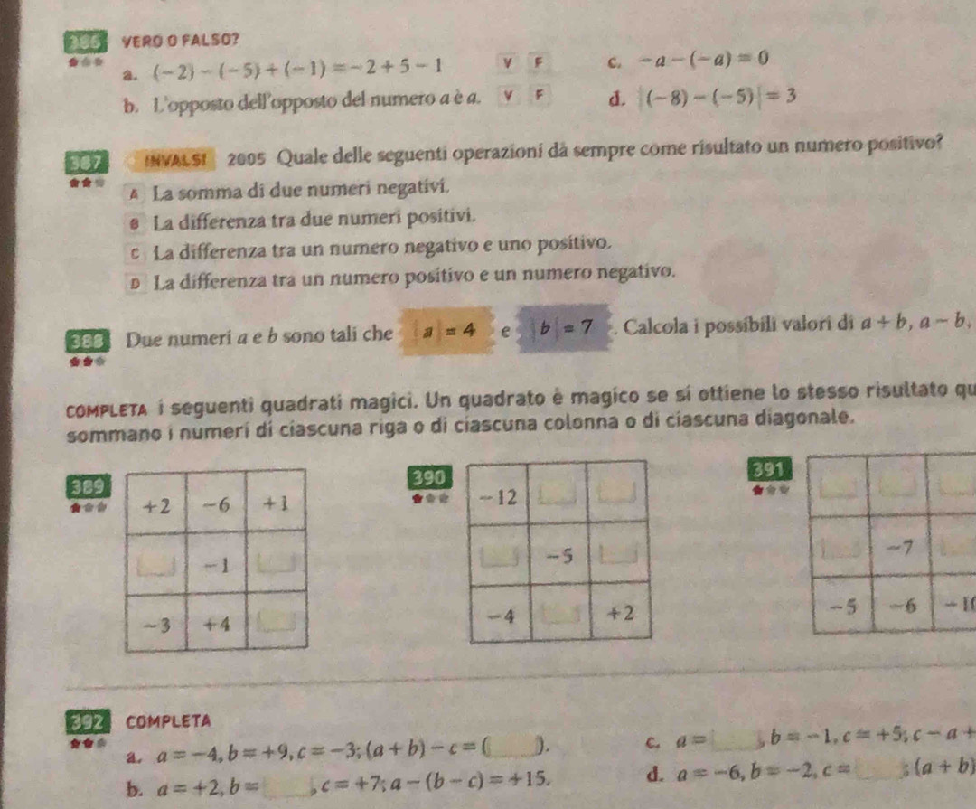 206 VERO O FALSO?
a. (-2)-(-5)+(-1)=-2+5-1 F c. -a-(-a)=0
b. L'opposto dell'opposto del numero a è a.
d. |(-8)-(-5)|=3
387 INVALSI 2005 Quale delle seguenti operazioní dà sempre come risultato un numero positivo?
A La somma di due numeri negativí,
§ La differenza tra due numeri positivi.
c La differenza tra un numero negativo e uno posítivo.
D La differenza tra un numero positivo e un numero negativo.
Due numeri a e b sono tali che a=4 e b=7 Calcola i possíbíli valori di a+b, a-b, 
*
coMPLETA i seguenti quadrati magici. Un quadrato è magico se sí ottiene lo stesso risultato qu
sommano i numerí di ciascuna riga o di ciascuna colonna o di ciascuna diagonale.
389390391

[(
392 COMPLETA
** a=-4, b=+9, c=-3; (a+b)-c= _). C. a= _ b=-1, c=+5; c-a+
a.
b. a=+2, b= _ c=+7; a-(b-c)=+15. d. a=-6, b=-2, c= _ ; (a+b)