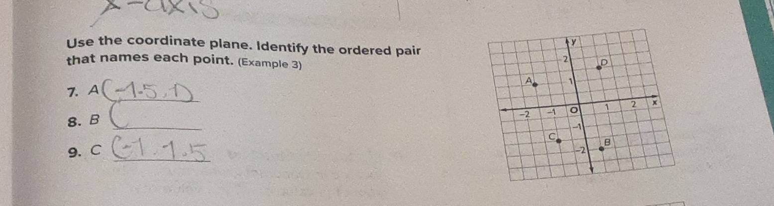 Use the coordinate plane. Identify the ordered pair 
that names each point. (Example 3) 
_ 
7. A
8. B _ 
9、 C _