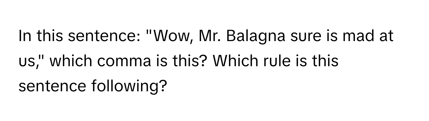 In this sentence: "Wow, Mr. Balagna sure is mad at us," which comma is this? Which rule is this sentence following?