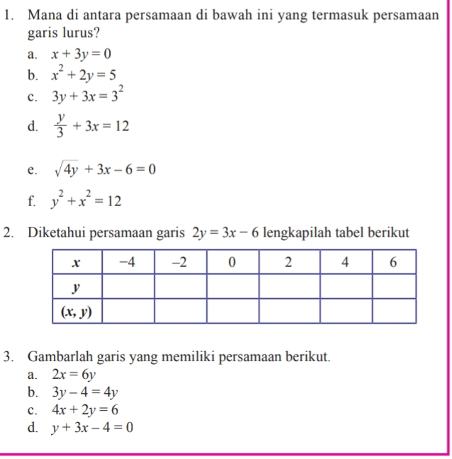 Mana di antara persamaan di bawah ini yang termasuk persamaan
garis lurus?
a. x+3y=0
b. x^2+2y=5
c. 3y+3x=3^2
d.  y/3 +3x=12
e. sqrt(4y)+3x-6=0
f. y^2+x^2=12
2. Diketahui persamaan garis 2y=3x-6 lengkapilah tabel berikut
3. Gambarlah garis yang memiliki persamaan berikut.
a. 2x=6y
b. 3y-4=4y
c. 4x+2y=6
d. y+3x-4=0