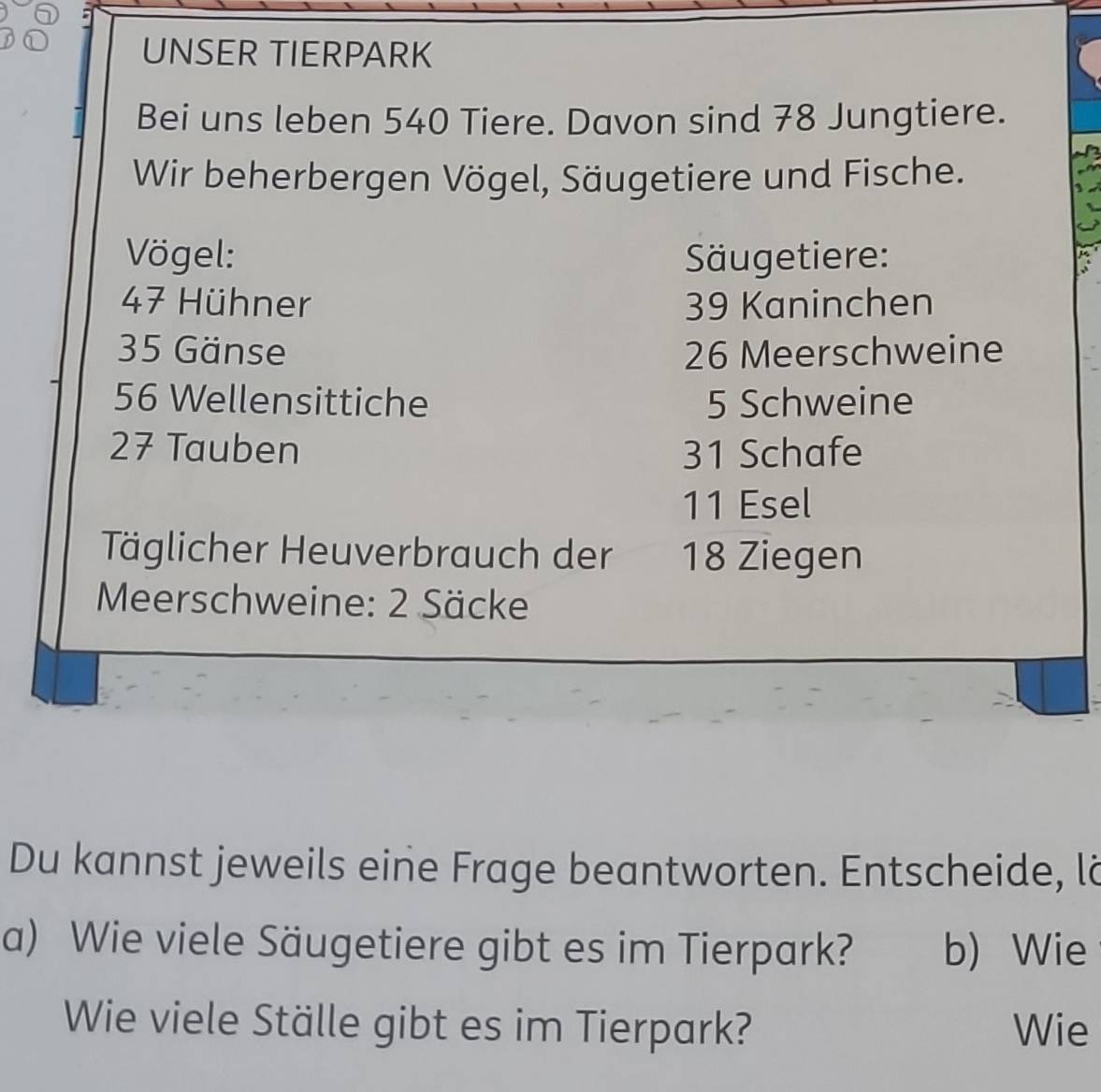 UNSER TIERPARK 
Bei uns leben 540 Tiere. Davon sind 78 Jungtiere. 
Wir beherbergen Vögel, Säugetiere und Fische. 
Vögel: Säugetiere:
47 Hühner 39 Kaninchen
35 Gänse 26 Meerschweine
56 Wellensittiche 5 Schweine
27 Tauben 31 Schafe
11 Esel 
Täglicher Heuverbrauch der 18 Ziegen 
Meerschweine: 2 Säcke 
Du kannst jeweils eine Frage beantworten. Entscheide, là 
a) Wie viele Säugetiere gibt es im Tierpark? b) Wie 
Wie viele Ställe gibt es im Tierpark? Wie