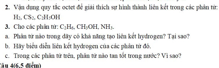 Vận dụng quy tắc octet để giải thích sự hình thành liên kết trong các phân tử:
H_2, CS_2 C_2H_5OH I 
3. Cho các phân tử: C_2H_6, CH_3OH, NH_3. 
a. Phân tử nào trong dãy có khả năng tạo liên kết hydrogen? Tại sao? 
b. Hãy biểu diễn liên kết hydrogen của các phân tử đó. 
c. Trong các phân tử trên, phân tử nào tan tốt trong nước? Vì sao? 
Câu 4(6,5 điểm)