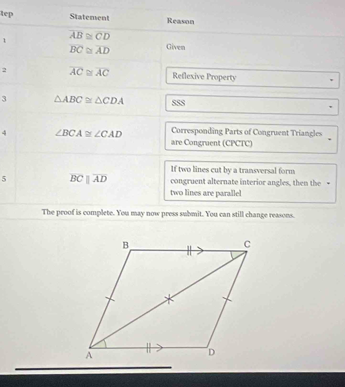 tep Statement Reason
overline AB≌ overline CD
1 Given
overline BC≌ overline AD
overline AC≌ overline AC
2 Reflexive Property 
3 △ ABC≌ △ CDA SSS 
4 ∠ BCA≌ ∠ CAD Corresponding Parts of Congruent Triangles 
are Congruent (CPCTC) 
If two lines cut by a transversal form
overline BCparallel overline AD
5 congruent alternate interior angles, then the 
two lines are parallel 
The proof is complete. You may now press submit. You can still change reasons.