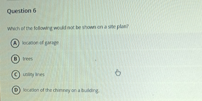 Which of the following would not be shown on a site plan?
A location of garage
Btrees
Cutility lines
D) location of the chimney on a building.