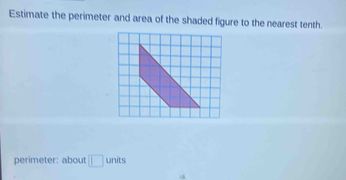 Estimate the perimeter and area of the shaded figure to the nearest tenth. 
perimeter: about □ units