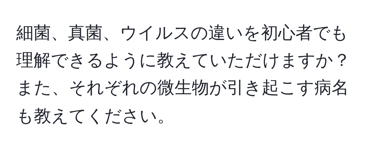 細菌、真菌、ウイルスの違いを初心者でも理解できるように教えていただけますか？また、それぞれの微生物が引き起こす病名も教えてください。