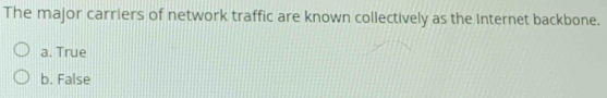 The major carriers of network traffic are known collectively as the Internet backbone.
a. True
b. False