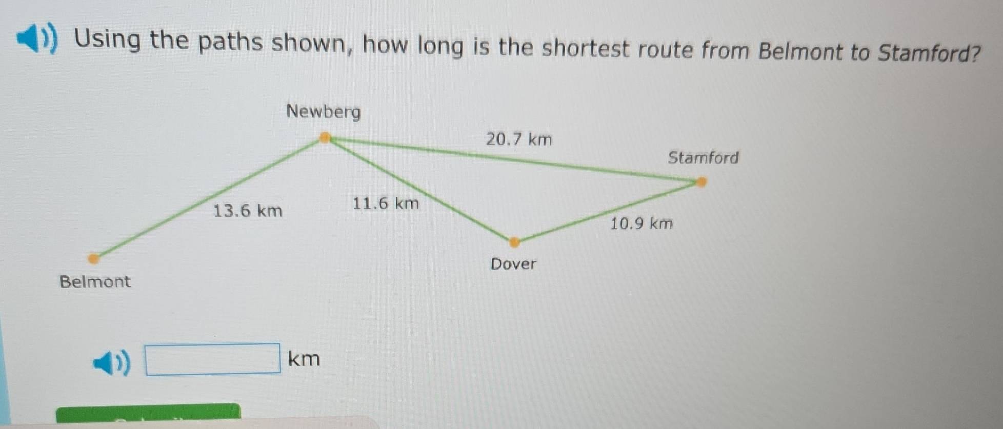 Using the paths shown, how long is the shortest route from Belmont to Stamford?
D □ km