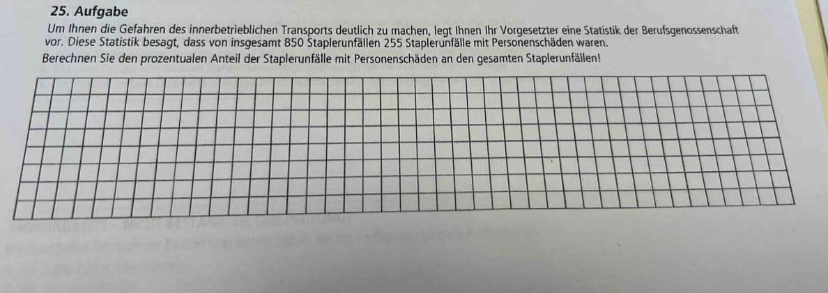 Aufgabe 
Um Ihnen die Gefahren des innerbetrieblichen Transports deutlich zu machen, legt Ihnen Ihr Vorgesetzter eine Statistik der Berufsgenossenschaft 
vor. Diese Statistik besagt, dass von insgesamt 850 Štaplerunfällen 255 Staplerunfälle mit Personenschäden waren. 
Berechnen Sie den prozentualen Anteil der Staplerunfälle mit Personenschäden an den gesamten Staplerunfällen!