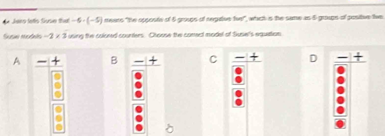 Jeiro lelío Suse thai -6· (-5) mears "the opponte of 8 goups of regahe fhe", whch is the same as 8 groups of posine the
Susó mcdels -2* 3 using the colored counters. Choope the comect model of Susie's equetion
A L B + C +
I