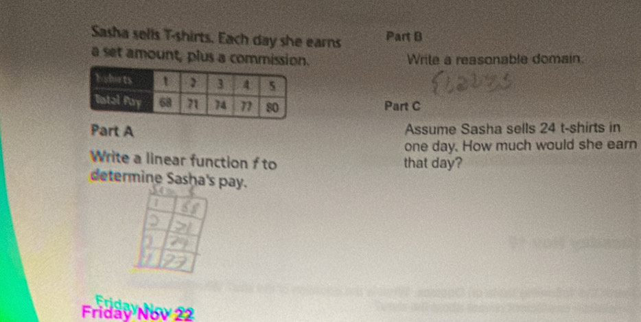 Sasha sells T-shirts. Each day she earns Part B 
a set amount, plus a commission. Write a reasonable domain. 
Part C 
Part A Assume Sasha sells 24 t-shirts in
one day. How much would she earn 
Write a linear function f to that day? 
determine Sasha's pay. 
Friday Nov 22