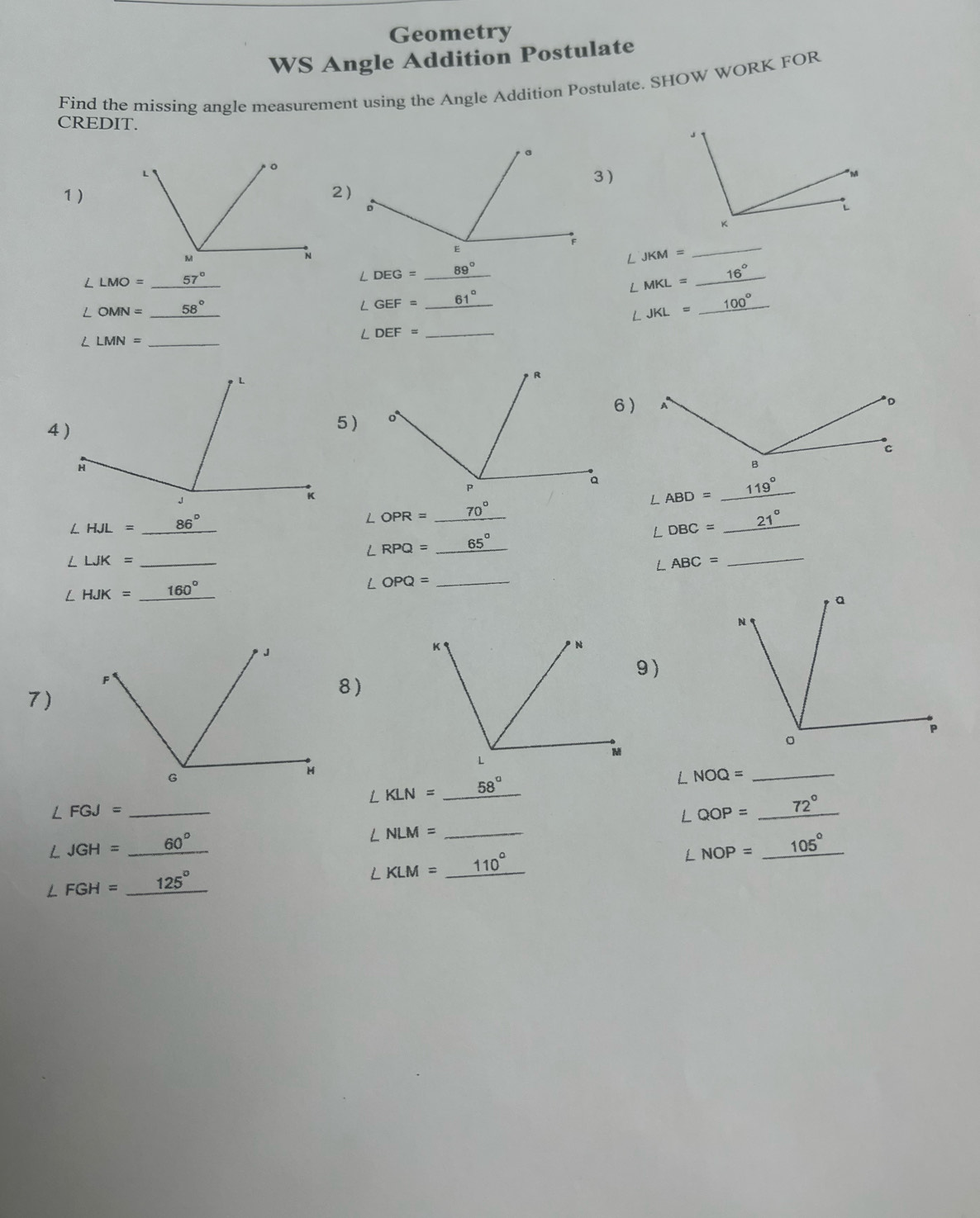 Geometry 
WS Angle Addition Postulate 
Find the missing angle measurement using the Angle Addition Postulate. SHOW WORK FOR 
CREDIT. J 
3) 
1 )2)
K
∠ JKM=
_
∠ LMO= _ 57°
∠ DEG=_ 89° _
∠ MKL=
_
∠ OMN= _ 58°
∠ GEF= _ 61°
∠ JKL=_ 100° __
∠ DEF= _
∠ LMN= _ 
6) 
4 ) 
5)
∠ ABD=_ 119°
∠ HJL=_  _ 86° _
∠ OPR=_ 70° _ 
_
65°
∠ DBC= _ 21°
_ ∠ RPQ=
_ ∠ LJK=
∠ ABC=
_ ∠ OPQ=
∠ HJK= _ 
9) 
7) 
8)
∠ FGJ= _
∠ KLN=_ 58°
∠ NOQ= _
72°
_ ∠ QOP=
∠ JGH=_ 60°
_ ∠ NLM=
∠ NOP= _ 105°
∠ FGH=_ 125°
∠ KLM=_ 110° __