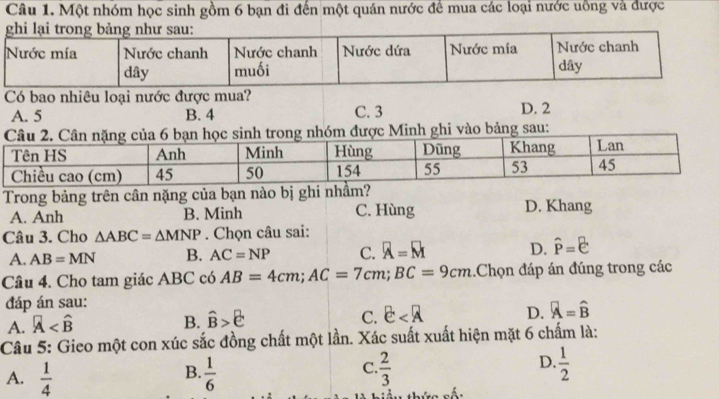 Một nhóm học sinh gồm 6 bạn đi đến một quán nước để mua các loại nước uồng và được
ghi l
Có bao nhiêu loại nước được mua?
A. 5 B. 4 C. 3 D. 2
h ghi vào bảng sau:
Trong bảng trên cân nặng của bạn nào bị ghi nhầ
A. Anh B. Minh C. Hùng D. Khang
Câu 3. Cho △ ABC=△ MNP. Chọn câu sai:
A. AB=MN B. AC=NP C. overline A=overline M D. hat P=hat C
Câu 4. Cho tam giác ABC có AB=4cm; AC=7cm; BC=9cm :.Chọn đáp án đúng trong các
đáp án sau:
A. widehat A
B. hat B>hat C C. varepsilon D. hat A=hat B
Câu 5: Gieo một con xúc sắc đồng chất một lần. Xác suất xuất hiện mặt 6 chấm là:
B.
A.  1/4   1/6 
D.
C.  2/3   1/2 
w thức số: