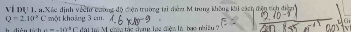 Ví Dự 1. a.Xác định véctơ cường độ điện trường tại điểm M trong không khí cách điện tích điểm
Q=2.10^(-8)C một khoảng 3 cm. 
b diên tích a=-10^(-8)C đặt tại M chiu tắc dụng lực điện là bao nhiêu ?