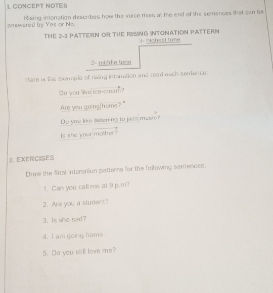 CONCEPT NOTES 
Rising intonation describes how the voice rises at the end of the sentences that can be 
answered by Yes or No. 
THE 2-3 PATTERN OR THE RISING INTONATION PATTERN 
3- highest tone 
2- middle tone 
Here is the example of rising intonation and read each sentence: 
Do you like ice-cream? 
Are you going]home? 
Do you like listening to jazz music? 
Is she your mother? 
II. EXERCISES 
Draw the final intonation patterns for the following sentences, 
1. Can you call me at 9 p.m? 
2. Are you a student? 
3. Is she sad? 
4. I am going home. 
5. Do you still love me?