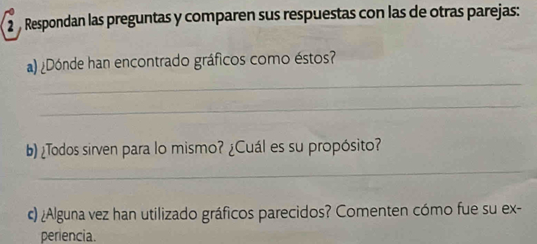 Respondan las preguntas y comparen sus respuestas con las de otras parejas: 
_ 
a) ¿Dónde han encontrado gráficos como éstos? 
_ 
b) ¿Todos sirven para lo mismo? ¿Cuál es su propósito? 
_ 
c) ¿Alguna vez han utilizado gráficos parecidos? Comenten cómo fue su ex- 
periencia.