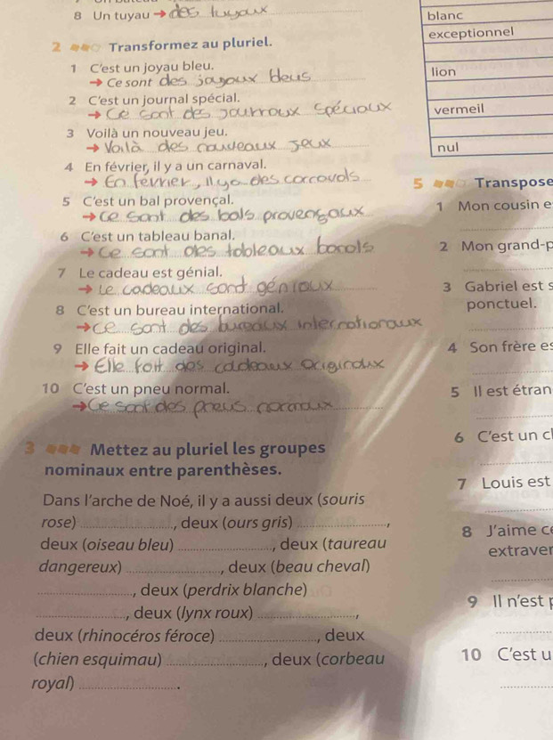 Un tuyau 
2 __ Transformez au pluriel. 
_ 
1 C'est un joyau bleu. 
Ce sont 
2 C'est un journal spécial. 
3 Voilà un nouveau jeu. 
4 En février, il y a un carnaval. 
5 Transpose 
5 C'est un bal provençal. 
1 Mon cousin e 
6 C’est un tableau banal. 
_ 
2 Mon grand-p 
7 Le cadeau est génial. 
_ 
3 Gabriel est s 
8 C’est un bureau international. ponctuel. 
_ 
9 Elle fait un cadeau original. 4 Son frère es 
_ 
10 C’est un pneu normal. 
5 Il est étran 
_ 
_ 
3 auu Mettez au pluriel les groupes 6 C'est un c 
nominaux entre parenthèses. 
7 Louis est 
_ 
Dans l’arche de Noé, il y a aussi deux (souris 
rose)_ , deux (ours gris)_ 
8 J'aime c 
deux (oiseau bleu) _, deux (taureau 
extraver 
_ 
dangereux) _, deux (beau cheval) 
_, deux (perdrix blanche) 
9 ll n'est 
_, deux (/ynx roux)_ 
1 
deux (rhinocéros féroce) _, deux 
_ 
(chien esquimau) _, deux (corbeau 10 C'est u 
royal)_ 
_