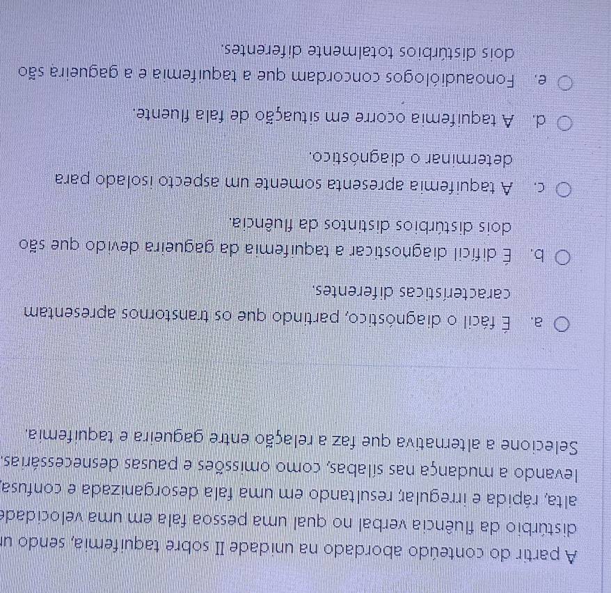 A partir do conteúdo abordado na unidade II sobre taquifemia, sendo un
distúrbio da fluência verbal no qual uma pessoa fala em uma velocidade
alta, rápida e irregular; resultando em uma fala desorganizada e confusa
levando a mudança nas sílabas, como omissões e pausas desnecessárias.
Selecione a alternativa que faz a relação entre gagueira e taquifemia.
a. É fácil o diagnóstico, partindo que os transtornos apresentam
características diferentes.
b. É difícil diagnosticar a taquifemia da gagueira devido que são
dois distúrbios distintos da fluência.
c. A taquifemia apresenta somente um aspecto isolado para
determinar o diagnóstico.
d. A taquifemia ocorre em situação de fala fluente.
e. Fonoaudiólogos concordam que a taquifemia e a gagueira são
dois distúrbios totalmente diferentes.