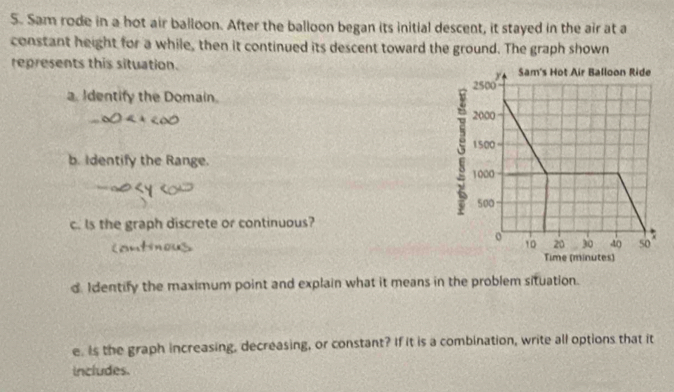 Sam rode in a hot air balloon. After the balloon began its initial descent, it stayed in the air at a 
constant height for a while, then it continued its descent toward the ground. The graph shown 
represents this situation. 
a. Identify the Domain. 
b. Identify the Range. 
c. ls the graph discrete or continuous? 
d Identify the maximum point and explain what it means in the problem situation. 
e. is the graph increasing, decreasing, or constant? If it is a combination, write all options that it 
includes.