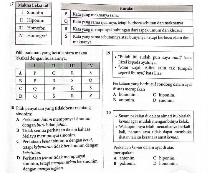 Pilih padanan yang betul antara makna 19 “Buluh itu sudah pun saya raut,” kata
leksikal dengan huraiannya.Rizal kepada ayahnya.
“Raut wajah Adira salin tak tumpah
seperti ibunya,” kata Liza.
Perkataan yang berhuruf condong dalam ayat
di atas merupakan
A homonim. C hiponim.
B antonim. D sinonim.
18 Pilih penyataan yang tidak benar tentang
sinonim.
20
A Perkataan hitam mempunyai sinonim Susun pakaian di dalam almari itu biarlah
kemas agar mudah mengambilnya kelak.
dengan buruk dan jahat. Walaupun saya telah mencubanya berkali-
B Tidak semua perkataan dalam bahasa kali, namun saya tidak dapat membuka
Melayu mempunyai sinonim.
C Perkataan benar sinonim dengan betul, ikatan tali itu kerana ia amat kemas.
tetapi kebenaran tidak bersinonim dengan Perkataan kemas dalam ayat di atas
kebetulan. merupakan
D Perkataan jemur tidak mempunyai A antonim. C hiponim.
sinonim, tetapi menjemurkan bersinonim B polisemi. D homonim.
dengan mengeringkan.