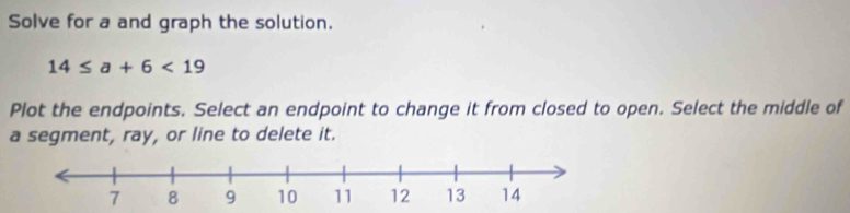Solve for a and graph the solution.
14≤ a+6<19</tex> 
Plot the endpoints. Select an endpoint to change it from closed to open. Select the middle of 
a segment, ray, or line to delete it.