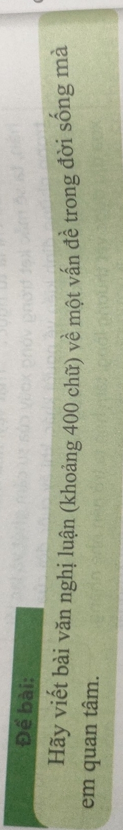 Để bài: 
Hãy viết bài văn nghị luận (khoảng 400 chữ) về một vấn đề trong đời sống mà 
em quan tâm.