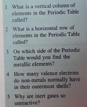 What is a vertical column of 
elements in the Periodic Table 
called? 
2 What is a horizontal row of 
elements in the Periodic Table 
called? 
3 On which side of the Periodic 
Table would you find the 
metallic elements? 
4 How many valence electrons 
do non-metals normally have 
in their outermost shells? 
5 Why are inert gases so 
unreactive?