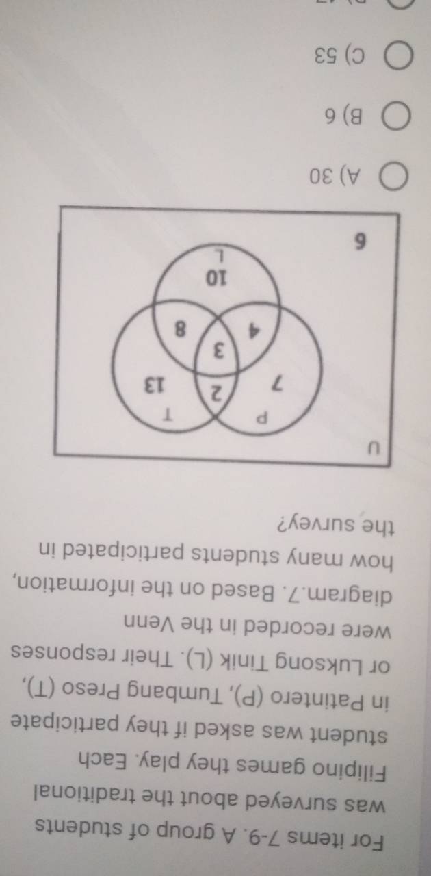 For items 7-9. A group of students
was surveyed about the traditional
Filipino games they play. Each
student was asked if they participate
in Patintero (P), Tumbang Preso (T),
or Luksong Tinik (L). Their responses
were recorded in the Venn
diagram.7. Based on the information,
how many students participated in
the survey?
A) 30
B) 6
C) 53