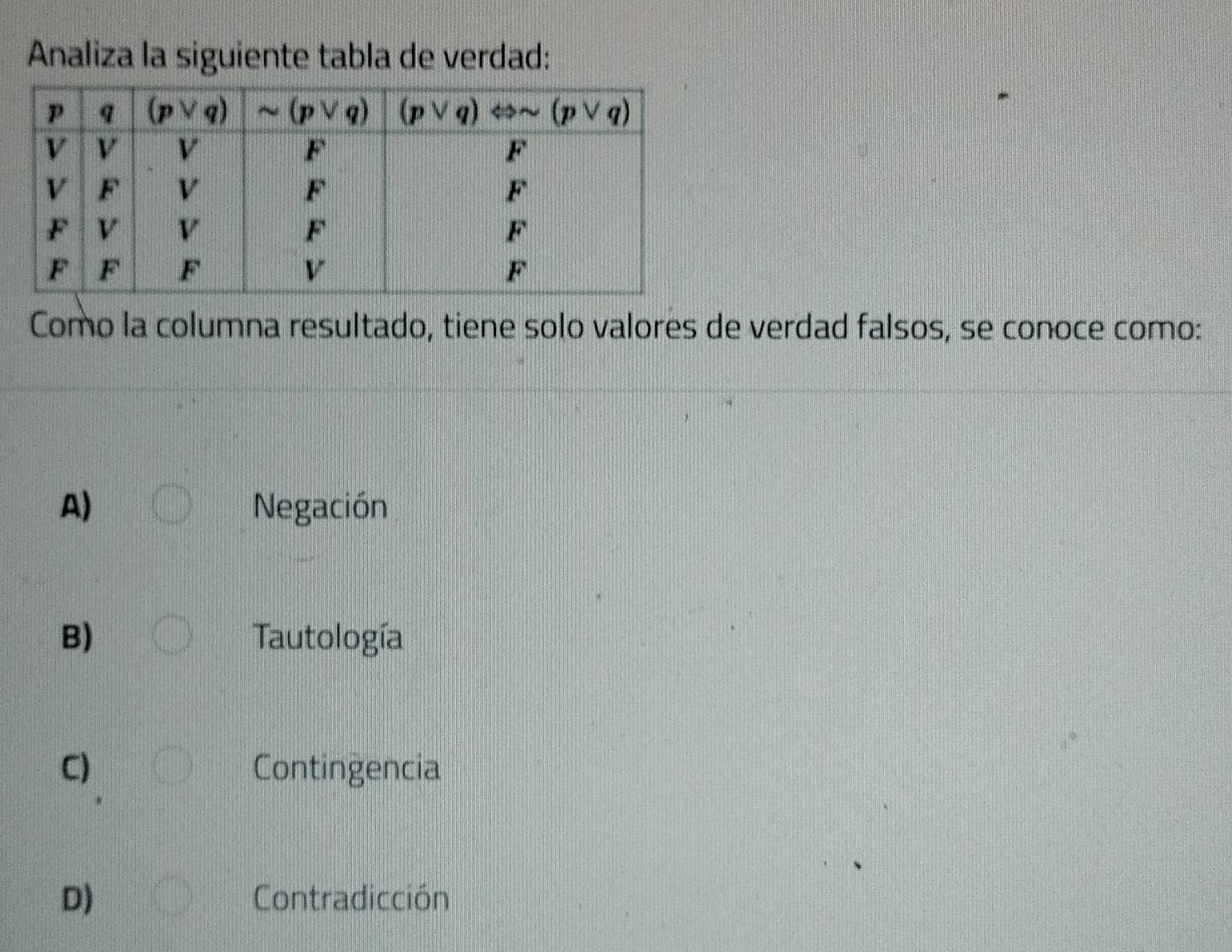 Analiza la siguiente tabla de verdad:
Como la columna resultado, tiene solo valores de verdad falsos, se conoce como:
A) Negación
B) Tautología
C) Contingencia
D) Contradicción