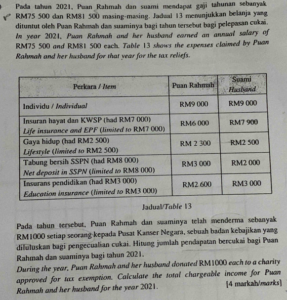 Pada tahun 2021, Puan Rahmah dan suami mendapat gaji tahunan sebanyak
RM75 500 dan RM81 500 masing-masing. Jadual 13 menunjukkan belanja yang 
dituntut oleh Puan Rahmah dan suaminya bagi tahun tersebut bagi pelepasan cukai. 
In year 2021, Puan Rahmah and her husband earned an annual salary of
RM75 500 and RM81 500 each. Table 13 shows the expenses claimed by Puan 
Rahmah and her husband for that year for the tax reliefs. 
Jadual/Table 13 
Pada tahun tersebut, Puan Rahmah dan suaminya telah menderma sebanyak
RM1000 setiap seorang kepada Pusat Kanser Negara, sebuah badan kebajikan yang 
diluluskan bagi pengecualian cukai. Hitung jumlah pendapatan bercukai bagi Puan 
Rahmah dan suaminya bagi tahun 2021. 
During the year, Puan Rahmah and her husband donated RM1000 each to a charity 
approved for tax exemption. Calculate the total chargeable income for Puan 
Rahmah and her husband for the year 2021. [4 markah/marks]