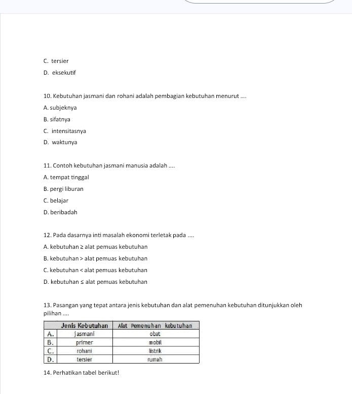 C. tersier
D. eksekutif
10. Kebutuhan jasmani dan rohani adalah pembagian kebutuhan menurut_ ...
A. subjeknya
B. sifatnya
C. intensitasnya
D. waktunya
11. Contoh kebutuhan jasmani manusia adalah ....
A. tempat tinggal
B. pergi liburan
C. belajar
D. beribadah
12. Pada dasarnya inti masalah ekonomi terletak pada ....
A. kebutuhan ≥ alat pemuas kebutuhan
B. kebutuhan alat pemuas kebutuhan
C. kebutuhan alat pemuas kebutuhan
D. kebutuhan ≤ alat pemuas kebutuhan
13. Pasangan yang tepat antara jenis kebutuhan dan alat pemenuhan kebutuhan ditunjukkan oleh
pilihan ....
14. Perhatikan tabel berikut!