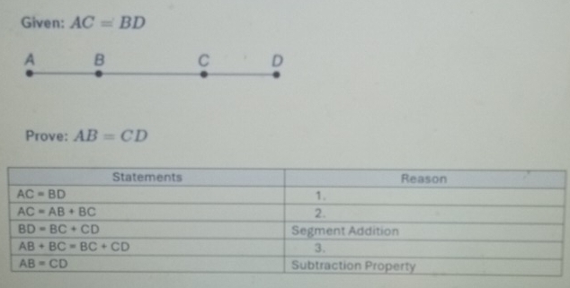 Given: AC=BD
A B C D
Prove: AB=CD