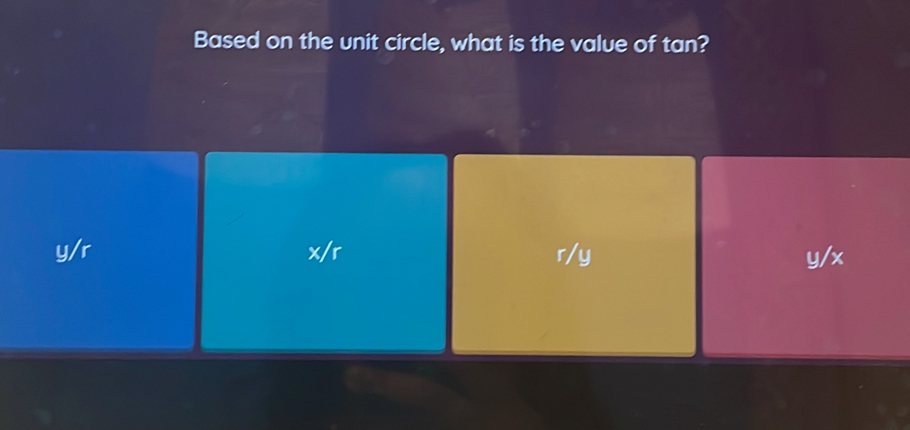 Based on the unit circle, what is the value of tan?
y/r x/r r/y y/x