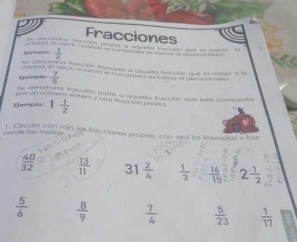 Fracciones 
Se denomina fracción propla a aquella fracción que es menor la 
unidad. Es decir, cuande el núme cadea pracción anaminador 
Ejemplo:  1/2 
Se denomina fracción impropia a aquella fracción que es mayor a la 
unidad. Es decir, cuando el numerador es mayor al denominador. 
Ejemplo:  7/5 
Se denomina fracción mixta a aquella fracción que está compuesta 
por un número entero y una fracción propia. 
Ejemplo: 
1. Circula con rojo las fracciones propias, con azul las improplas y con 
verde las mixtas
 40/32   13/11  31 2/4   1/3   16/15  2 1/2 
 5/6   8/9   7/4   5/23   1/17 