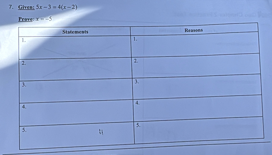 Given: 5x-3=4(x-2)
Prove: x=-5