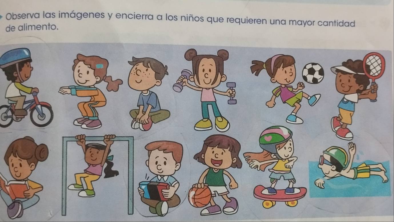 Observa las imágenes y encierra a los niños que requieren una mayor cantidad 
de alimento.