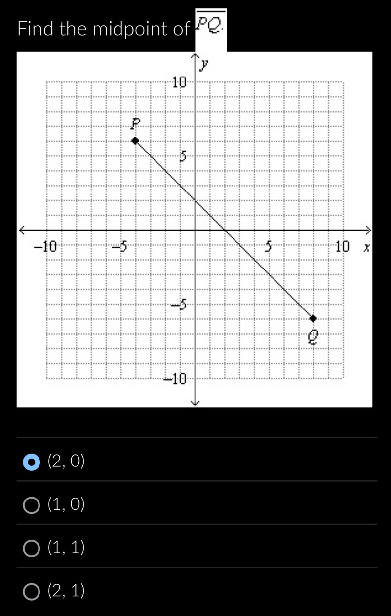 Find the midpoint of overline PQ
(2,0)
(1,0)
(1,1)
(2,1)