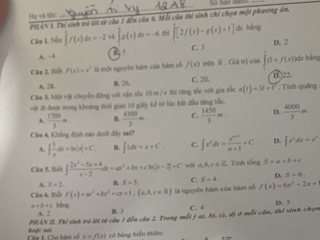 Số báo dann.
Họ và tên:
_
PHAN L Thí sinh tà lời từ cầu 1 đến câu 6. Mỗi câu thỉ sinh chi chọn một phương ân.
Cầa L Nẫn ∈tlimits _0^(1f(x)dx=-2 ∈tlimits _0^tg(x)dx=-6 thì ∈tlimits _0^4[2f(x)-g(x)+1] dx bàng
D. 2
C. 3
A. di B 5
Clw 2. Bilt F(x)=x^3) là một nguyên hàm của hìm số f(x) trên R . Giá trị của ∈tlimits _0^(1(1+f(x)) x bằng
D)22.
A. 28. B. 26. C. 20.
Cău A Mặt vật chuyền đặng với vận tốc 10 m /s thi tăng tốc với gia tốc a(t)=3t+t^2) , Tỉnh quảng
*ật đi được trong khoáng thời giam 10 giây kể từ lúc bắt đầu tăng tốc.
 1700/3 m
B.  4100/3 m.
C.  1450/3 m.
D.  4000/3 m.
Chu 4. Không định nào dưới đây sai?
A. ∈t  1/x dx=ln |x|+C. B. ∈t 1dx=x+C. C. ∈t x^ndx= (x^(n+1))/n+1 +C. D. ∈t e^xdx=e^x
Cần 5. Biểt ∈t  (2x^3-5x+4)/x-2 dx=ax^2+bx+cln |x-2|+C với a,b,c∈ Z Tính tổng S=a+b+c
D. S=6.
C. S=4.
A. S=2,
B. S=5.
Câu 6, Biết F(x)=ax^3+bx^2+cx+1.(a,b,c∈ R) là nguyên hàm của hàm số f(x)=6x^2+2x+1
a+b+c bàng
A. 2 B. 3 C. 4 D. 5
PHÁN II. Thí sinh trà lời từ câu 1 đến câu 2. Trong mỗi  (a),b),c) ), d) ở mỗi câu, thí sinh chọn
hoặe sai.
Cầu 1. Cho hàm số y=f(x) có bảng biển thiên: