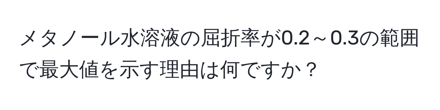 メタノール水溶液の屈折率が0.2～0.3の範囲で最大値を示す理由は何ですか？