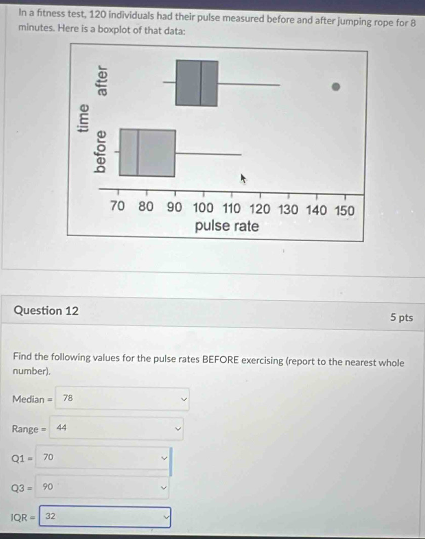 In a ftness test, 120 individuals had their pulse measured before and after jumping rope for 8
minutes. Here is a boxplot of that data:
Question 12 5 pts
Find the following values for the pulse rates BEFORE exercising (report to the nearest whole
number).
Median = 78
Range =44
Q1=70 (- 1/2 <0</tex> v
Q3=90
IQR= 32