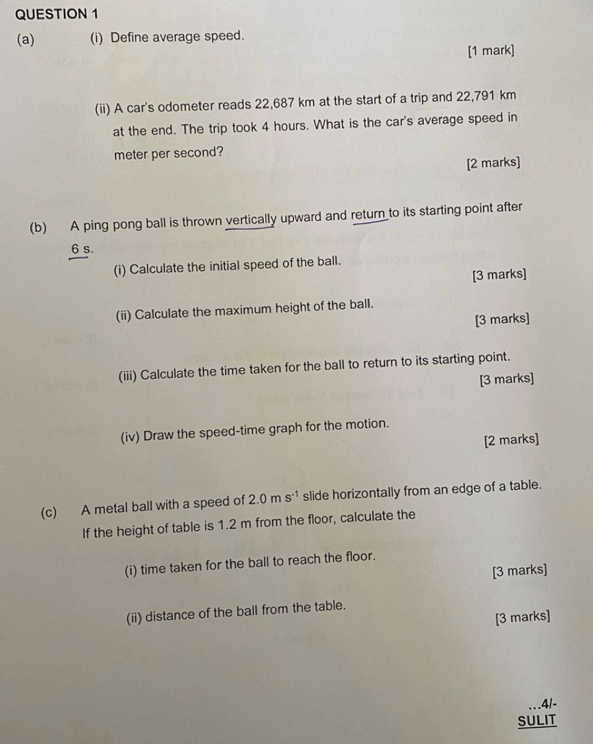 Define average speed. 
[1 mark] 
(ii) A car's odometer reads 22,687 km at the start of a trip and 22,791 km
at the end. The trip took 4 hours. What is the car's average speed in
meter per second? 
[2 marks] 
(b) A ping pong ball is thrown vertically upward and return to its starting point after
6 s. 
(i) Calculate the initial speed of the ball. 
[3 marks] 
(ii) Calculate the maximum height of the ball. 
[3 marks] 
(iii) Calculate the time taken for the ball to return to its starting point. 
[3 marks] 
(iv) Draw the speed-time graph for the motion. 
[2 marks] 
(c) A metal ball with a speed of 2.0ms^(-1) slide horizontally from an edge of a table. 
If the height of table is 1.2 m from the floor, calculate the 
(i) time taken for the ball to reach the floor. 
[3 marks] 
(ii) distance of the ball from the table. 
[3 marks] 
…4/- 
SULIT