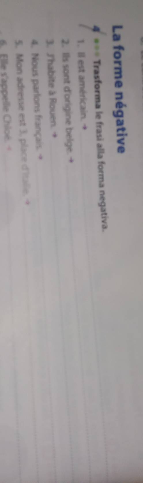 La forme négative 
4 *== Trasforma le frasi alla forma negativa. 
1. Il est américain. → 
_ 
2. Ils sont d'origine belge.→ 
_ 
3. J'habite à Rouen. +_ 
_ 
4. Nous parlons français. →_ 
5. Mon adresse est 3, place d'Italle. → 
6. Elle s'appelle Chioé.