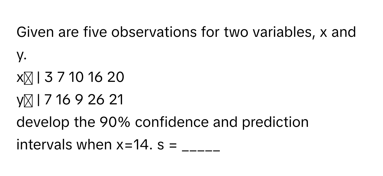 Given are five observations for two variables, x and y.

xᵢ | 3 7 10 16 20
yᵢ | 7 16 9 26 21 
develop the 90% confidence and prediction intervals when x=14. s = _____