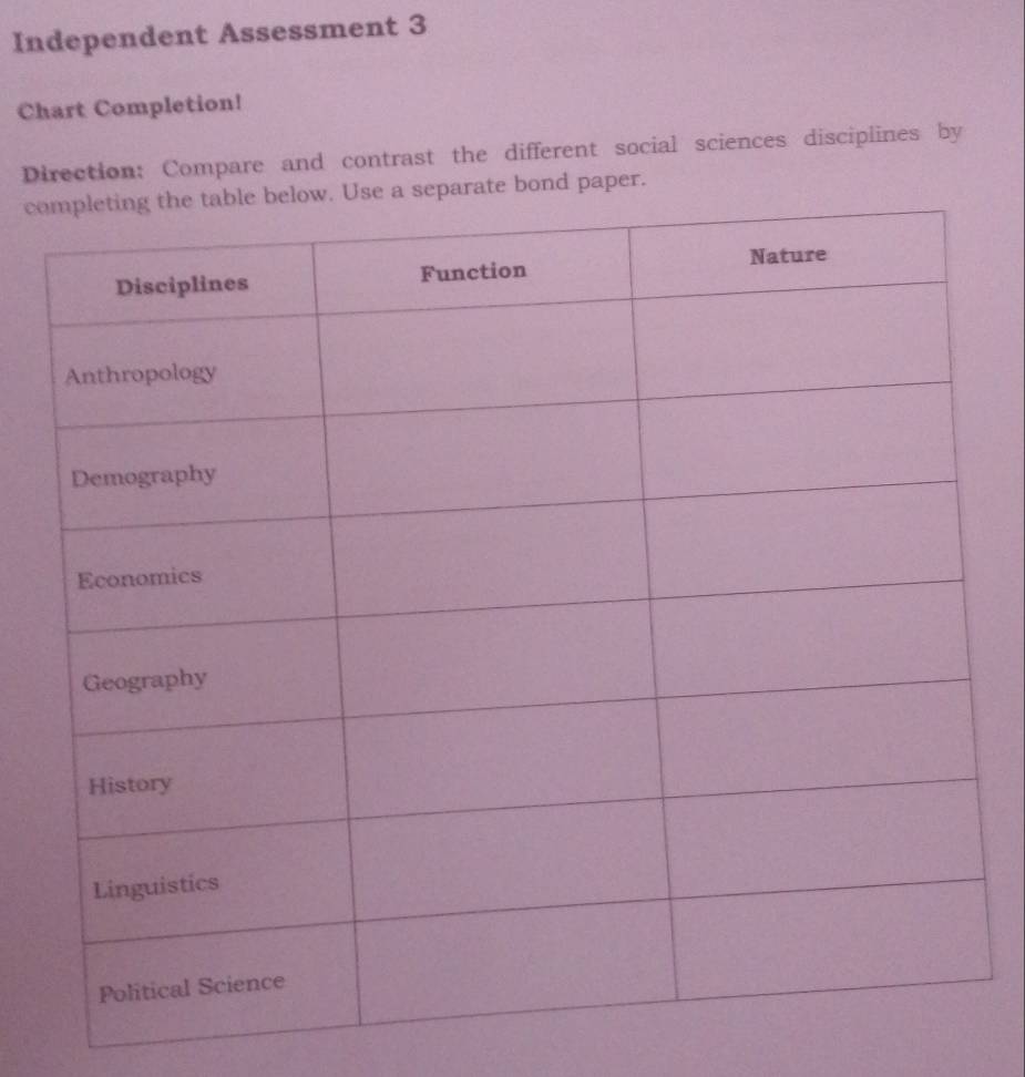 Independent Assessment 3 
Chart Completion! 
Direction: Compare and contrast the different social sciences disciplines by 
coparate bond paper.