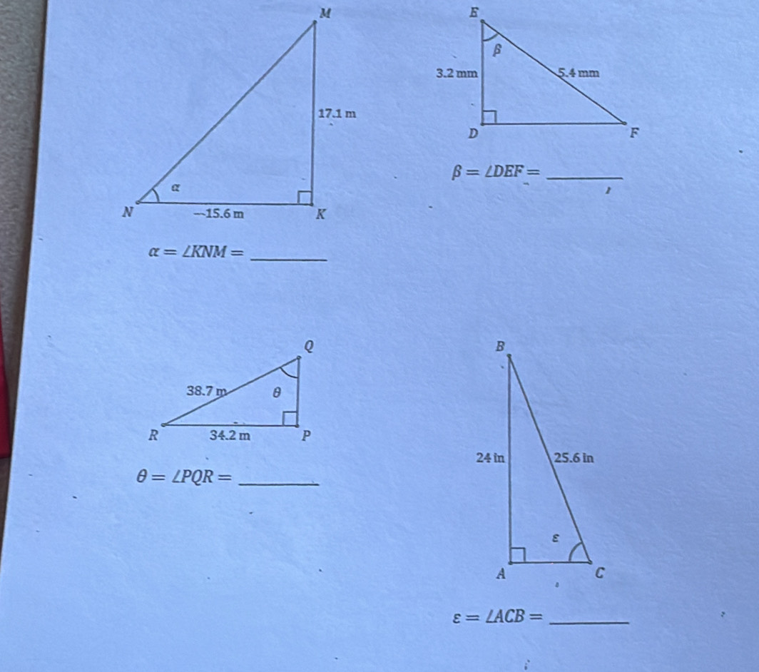 beta =∠ DEF= _ 
1
alpha =∠ KNM= _ 
θ =∠ PQR= _ 
_ varepsilon =∠ ACB=