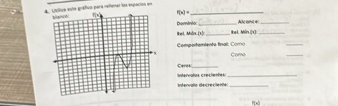 4ice este gráfico para rellenar los espacios en_
f(x)=
Dominio:_ Alcance:_
Rel. Máx.(s):_  Rel. Mín.(s):_
Comportamiento final: Como
_
Como
_
Ceros:_
Intervalos crecientes:_
Intervalo decreciente:_
f(x)