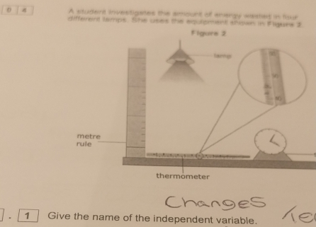 A student investigaites the amount of energy wasted in fisur 
different tamps. She uses the equlipment shown in Fliguns 2
1 Give the name of the independent variable.