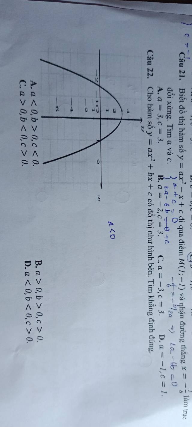 Biết đồ thị hàm số y=ax^2-x+c đị qua điểm M(1;-1) và nhận đường thắng làm trục
đối xứng. Tìm a và c.
A. a=3, c=3. B. a=-2, c=3. C. a=-3, c=3. D. a=-1, 
Câu 22. Cho hàm số y=ax^2+bx+c có đồ thị như hình bên. Tìm khẳng định đúng.
B.
A. a<0</tex>, b>0, c<0</tex>. a>0, b>0, c>0.
C. a>0, b<0</tex>, c>0.
D. a<0</tex>, b<0</tex>, c>0.