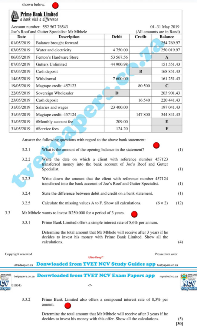 shown below. 
3.2.1 What is the amount of the opening balance in the statement? (1) 
3.2.2 Write the date on which a client with reference number 457123
transferred money into the bank account of Joe's Roof and Gutter 
Specialist. (1) 
3.2.3 Write down the amount that the client with reference number 457124
transferred into the bank account of Joe’s Roof and Gutter Specialist. (1) 
3.2.4 State the difference between debit and credit on a bank statement. (1) 
3.2.5 Calculate the missing values A to F. Show all calculations. (6* 2) (12) 
3.3 Mr Mbhele wants to invest R250 000 for a period of 3 years. 
3.3.1 Prime Bank Limited offers a simple interest rate of 8,6% per annum. 
Determine the total amount that Mr Mbhele will receive after 3 years if he 
decides to invest his money with Prime Bank Limited. Show all the 
calculations. (4) 
Copyright reserved Ultra-Deep''' Please turn over 
ultradeep.co.za Donwloaded from TVET NCV Study Guides app tetpapers.co.za 
tvetpapers.co.za Donwloaded from TVET NCV Exam Papers app mynated.co.za 
01034) .7. 
tudy Guid 
3.3.2 Prime Bank Limited also offers a compound interest rate of 8,3% per 
annum. 
Determine the total amount that Mr Mbhele will receive after 3 years if he (5) 
decides to invest his money with this offer. Show all the calculations. [30]