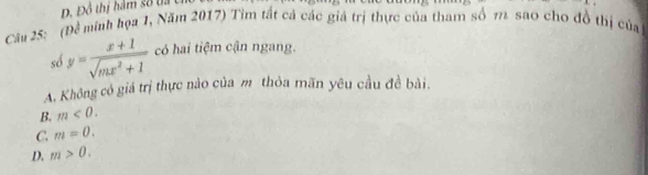 Đ Đô thị hàm số ta 
Câu 25: (Đề mính họa 1, Năm 2017) Tìm tất cả các giả trị thực của tham số π sao cho đồ thị của
số y= (x+1)/sqrt(mx^2+1)  có hai tiệm cận ngang.
A. Không có giá trị thực nào của m thỏa mãn yêu cầu đề bài.
B. m<0</tex>.
C. m=0.
D. m>0.